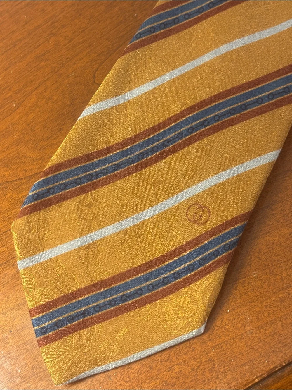 Vintage Gucci Silk Tie Mustard Hold Blue Red Stripes Made in Italy